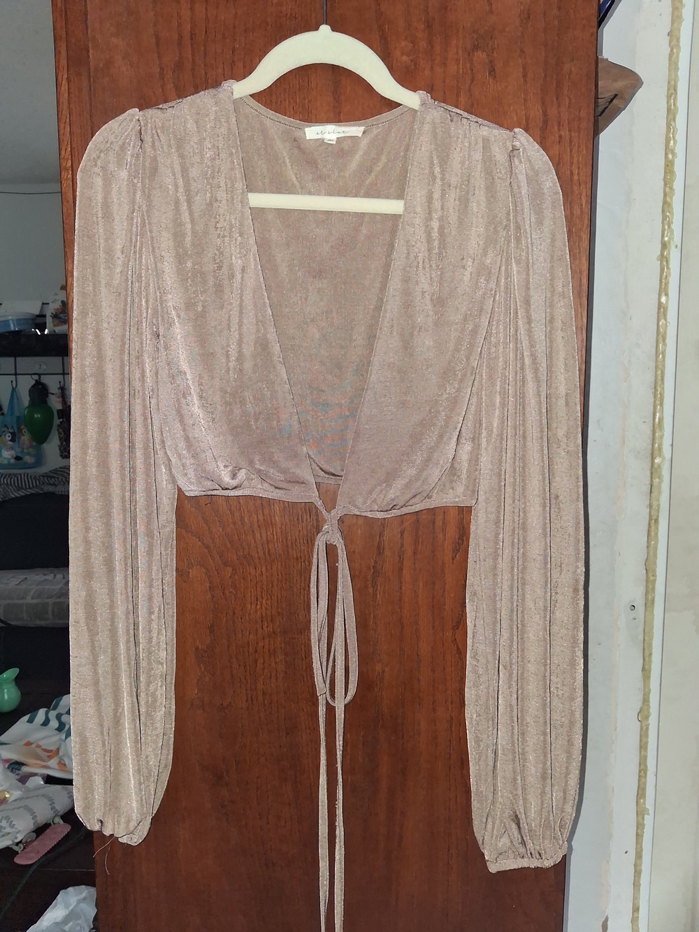 Blush Metallic Tie-Front Puff Sleeve Crop Top